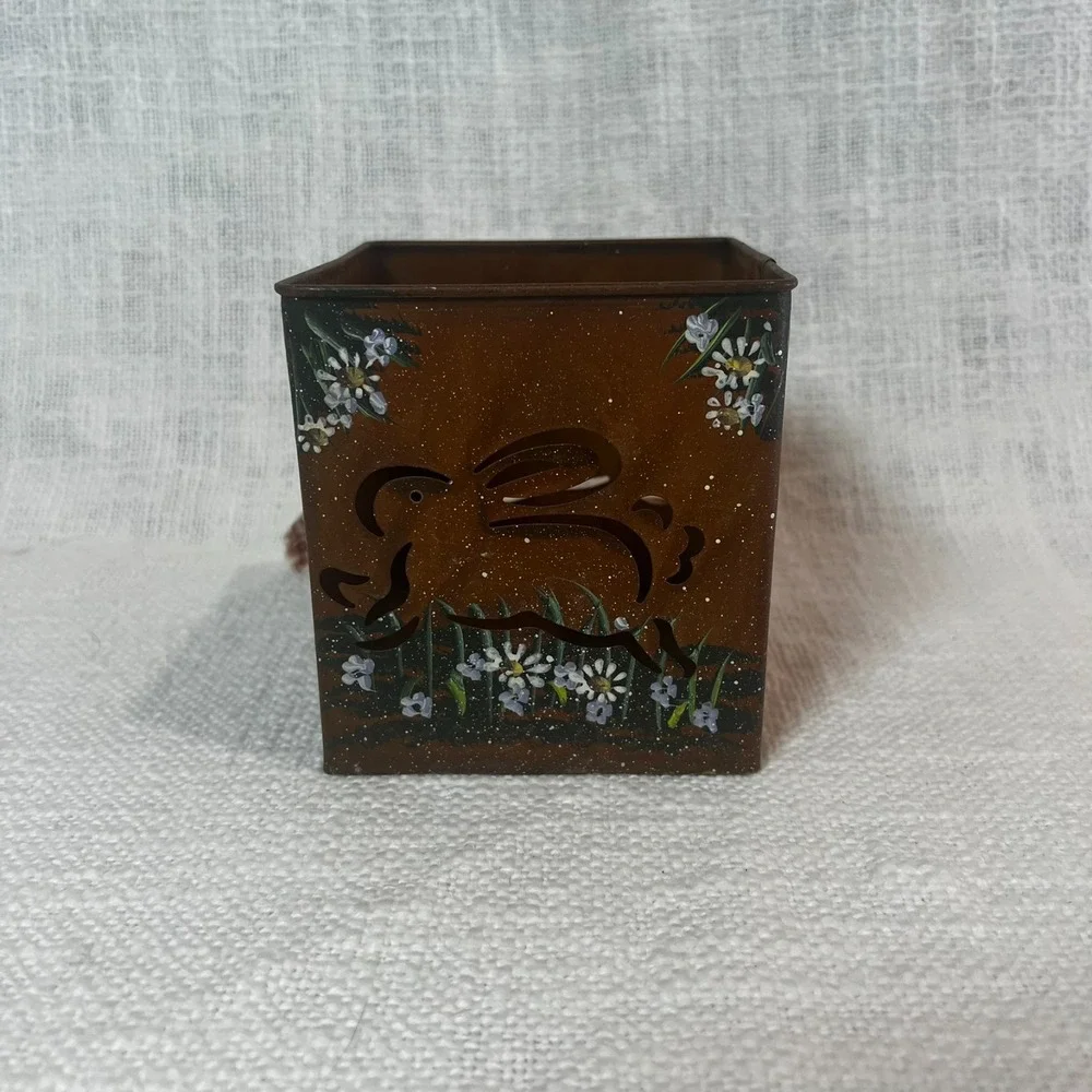 Vtg Bunny Cutout Tin Candle Holder Floral Handle Speckled Seasonal Decor Holiday